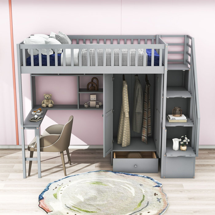 Harriet Bee Gonul Wooden Loft Bed With BuiltIn Desk, Wardrobe and